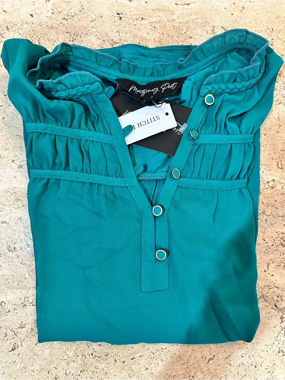 MONTGOMERY POST Alyson Mixed Media Blouse - Teal Green - L - Picture 4 of 5
